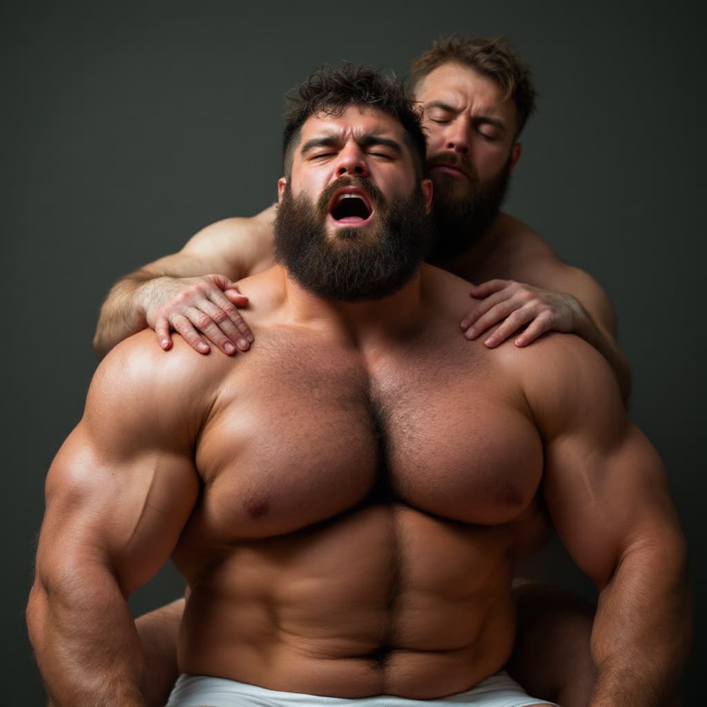 AI generated: Musclar, hairy, College wrestler in tight bulging singlet pinned on his back by his hirsute coach in...