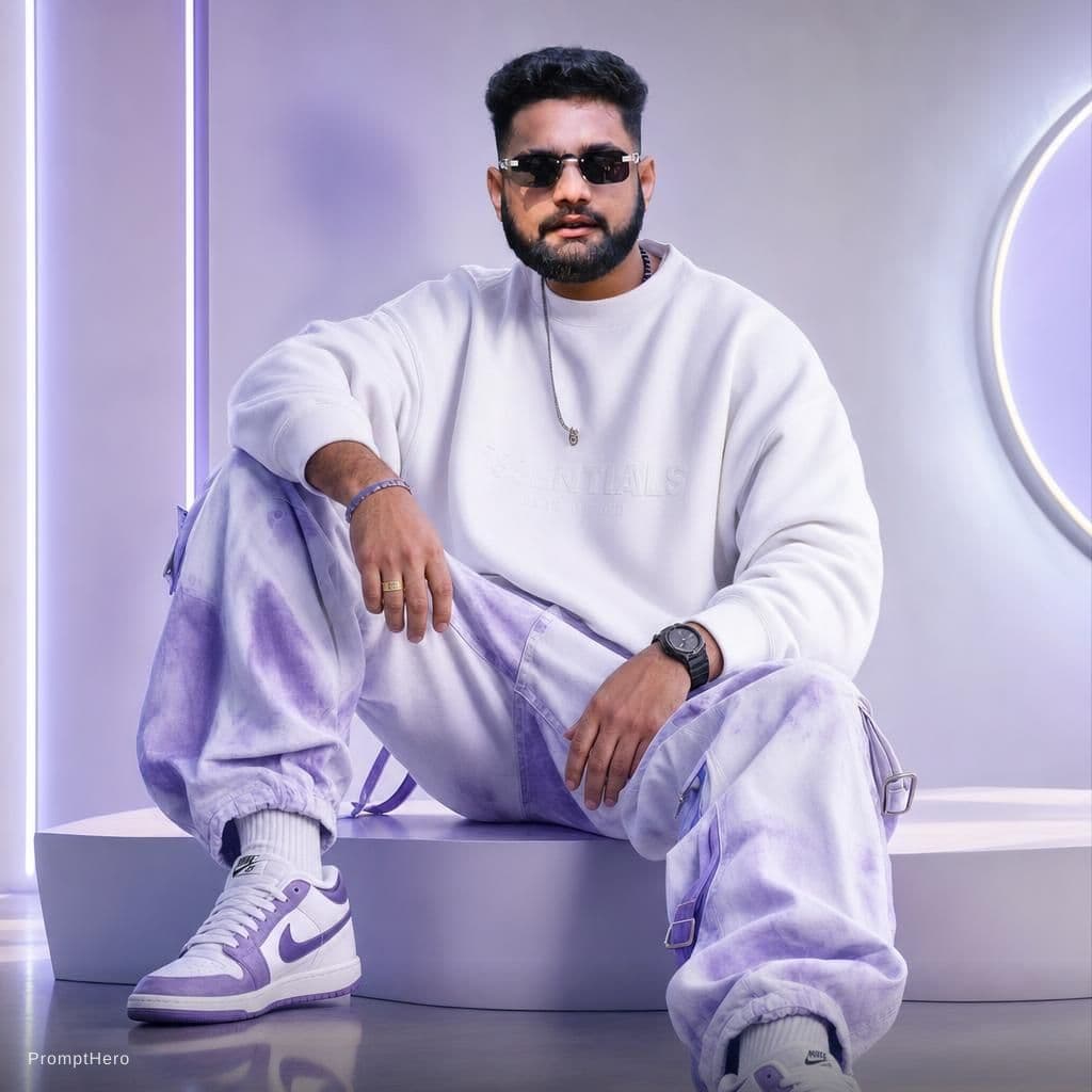 AI generated: Oversized white sweatshirt, white purple oversized combat jean, styled with footwear: white purple n...