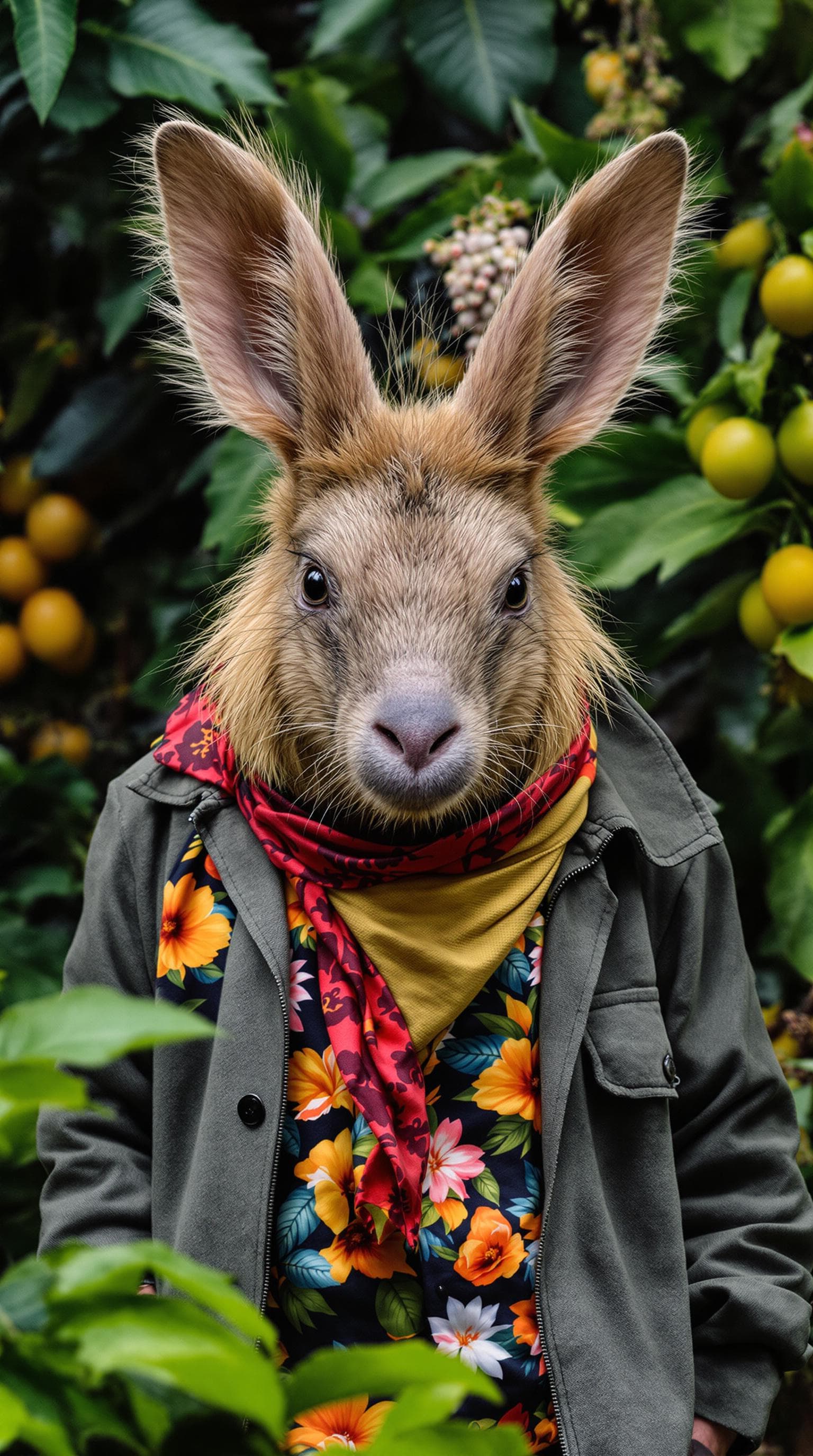 AI generated: an Aardvark wearing a jacket and a scarf and a Hawaiian floral shirt, in a jungle setting, with plan...