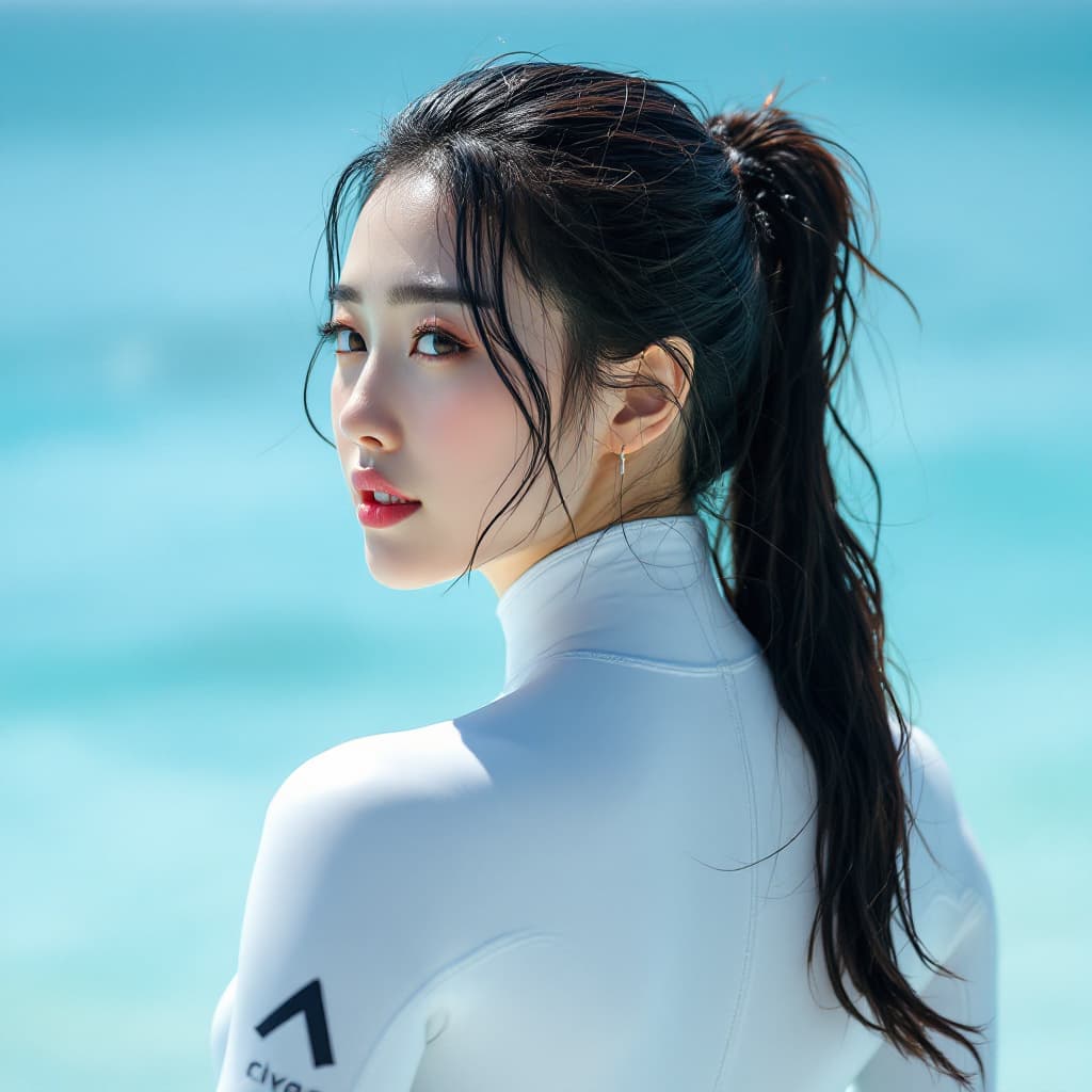 AI generated: High resolution image. A Korean woman in a white freediving suit that completely covers her body. He...