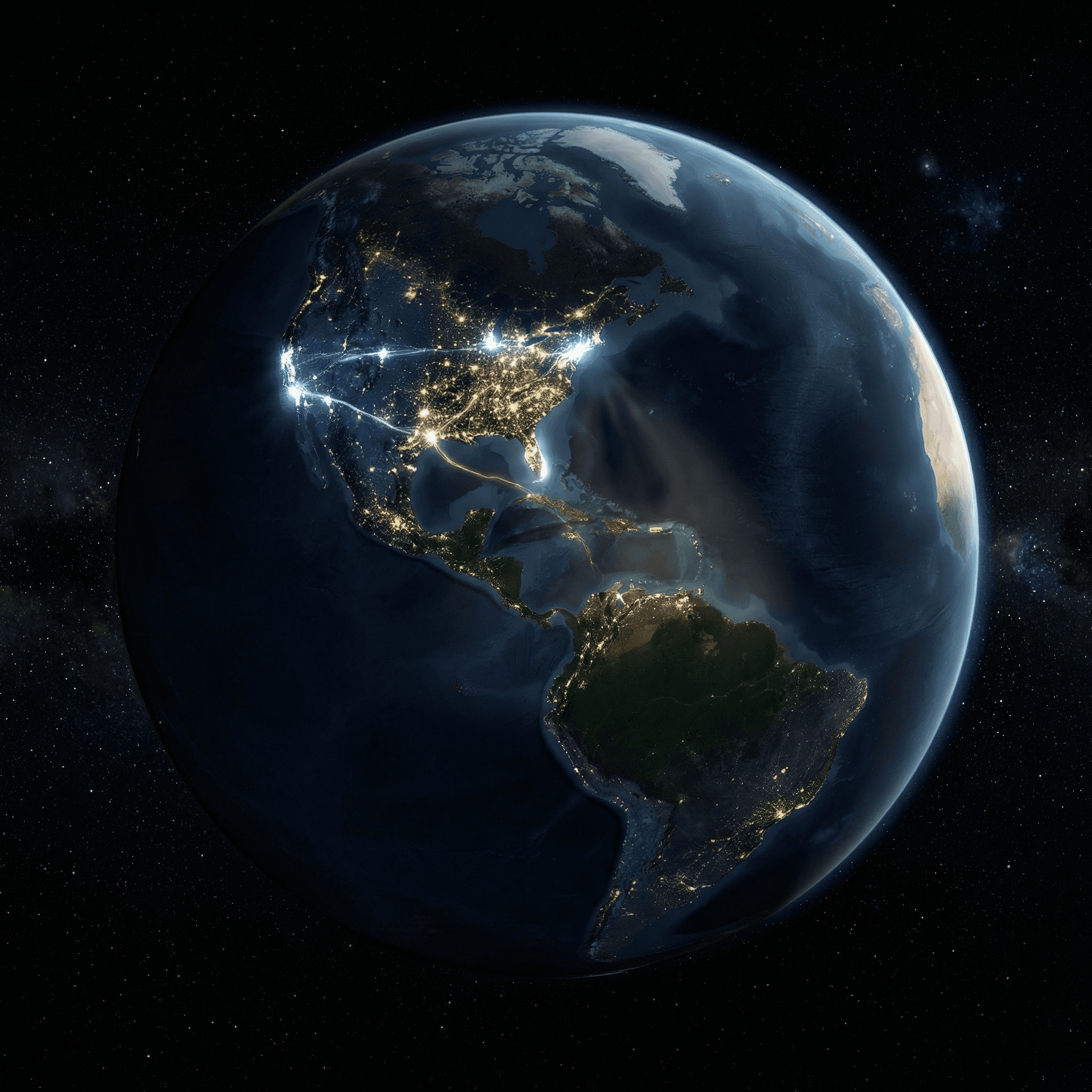 AI generated: Look at the reference images and create an orbital view of Earth from space, Western Hemisphere cent...
