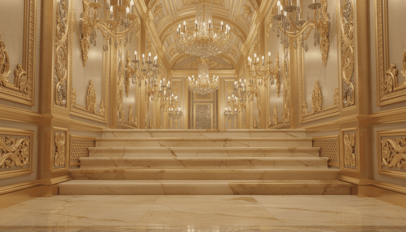 AI generated: Fency corridor with chandeliers gold and silver color of Golden color Castle from inside, 6 steps in...