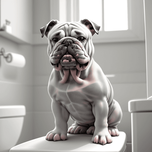 AI generated: A surprisingly realistic and detailed image of a gray and white English bulldog, sitting on the bath...