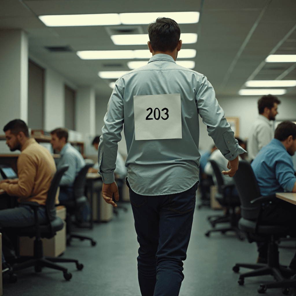 AI generated: photo of An office worker walks through a bustling workspace filled with busy employees and cubicles...