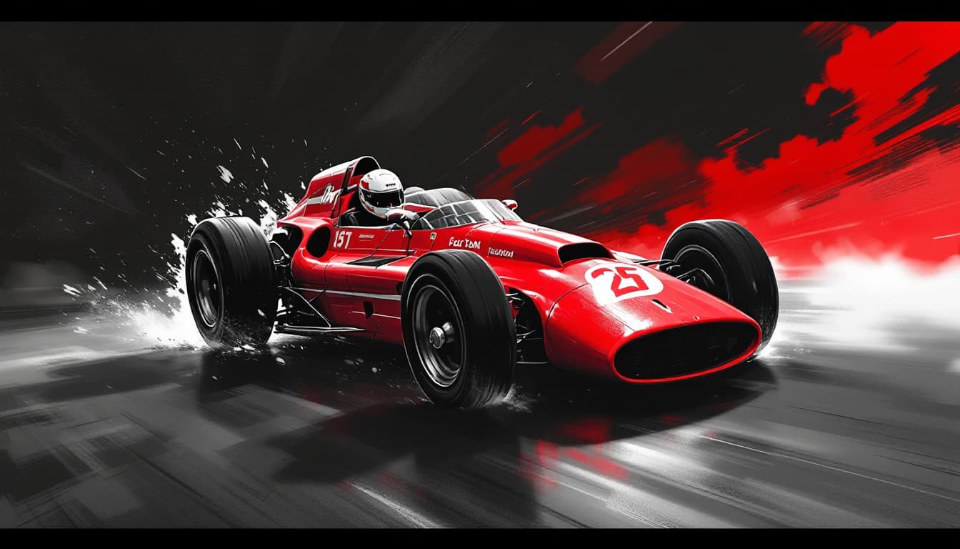AI generated: red race car, in the style of sam spratt, historical illustrations, old masters, genndy tartakovsky,...