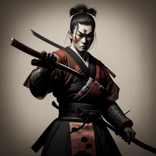 AI generated: a samurai holding the katana with a bloodshed environment and halloween surroundings with wide view 