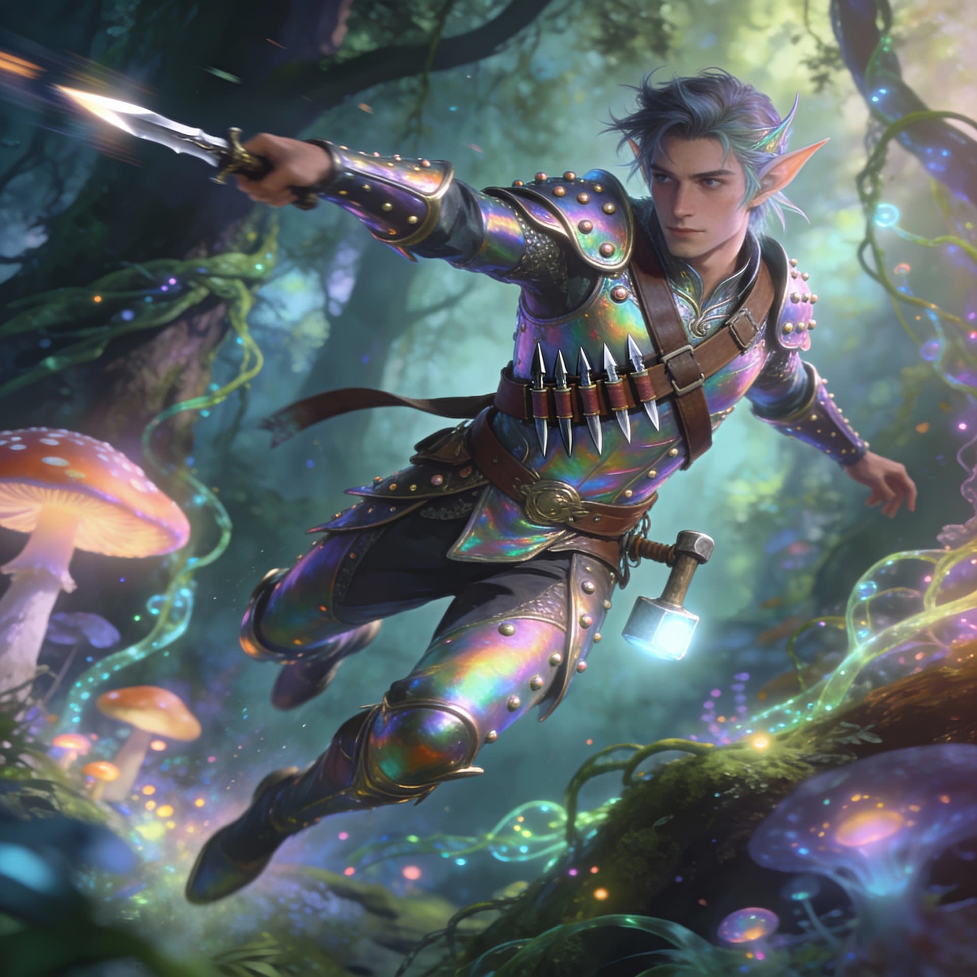 AI generated: Male fairy wearing iridescent studded leather armor, flying in a magical forest throwing a dagger, w...