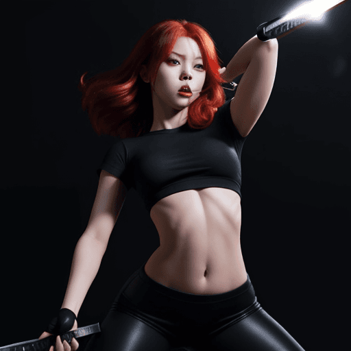 AI generated: redhead girl with psycho face, pretty, perfect body, tight top black and tight black short pants lic...