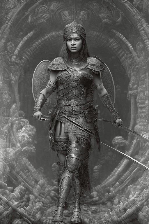 AI generated: Intricately detailed scene, {{{Ancient Sparta:The Warrior Princess:0.5}}}, wastelander aesthetic, bu...