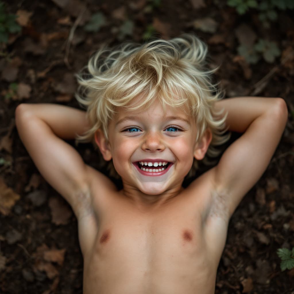 AI generated: A blond little boy on forest ground with Blue eyes shirtless, laughing, laying on back, hands behind...