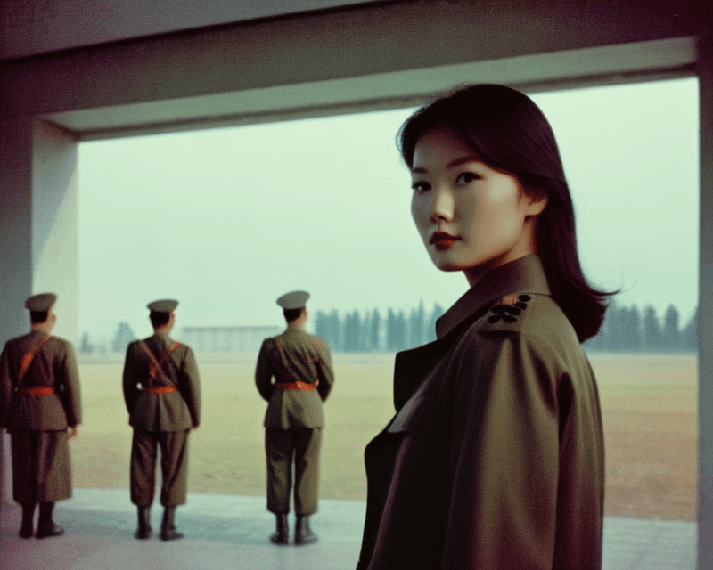 AI generated: AnalogRedmAF, blurry kodak disposable photo, swedish fashion model, modern north korean army in the ...