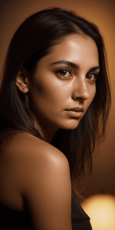 AI generated: (Brown color eyes) ((dark black background)) ((face side lit with golden light lamp)) ((She is ratio...