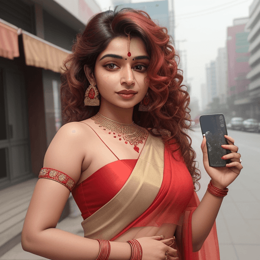 AI generated: An image of a indian woman. Tiktok influencer, capturing a selfie in an urban outdoor setting. She i...