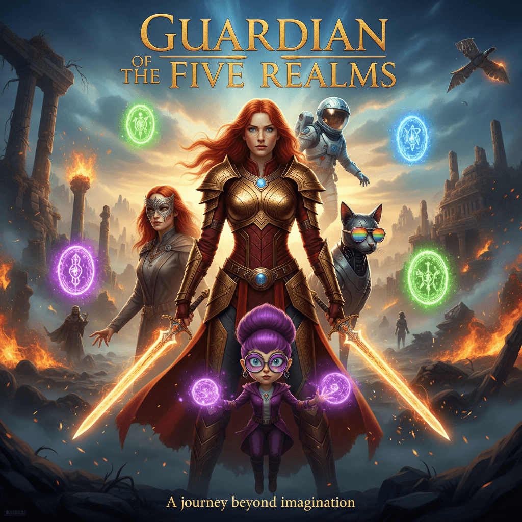 AI generated: Movie poster style, “Guardian of the Five Realms,” featuring five characters from the reference imag...