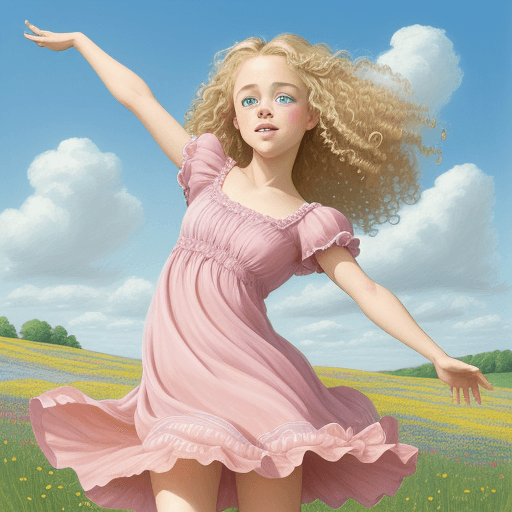 AI generated: a young girl with curly blonde hair and bright blue eyes, wearing a flowy pink silk dress, is dancin...