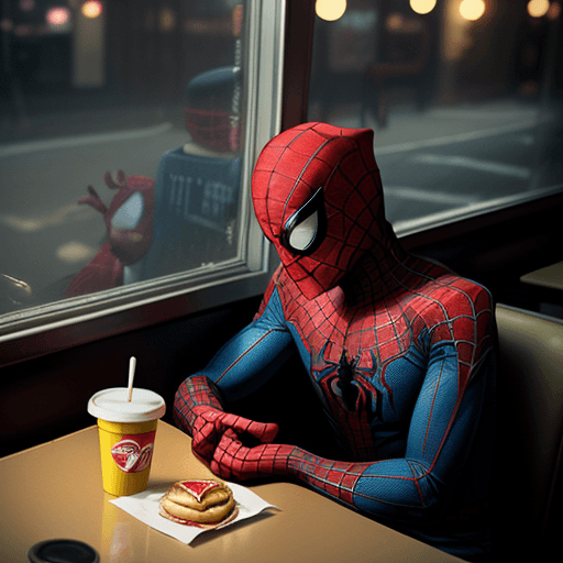 AI generated: a lonely and depressed Spiderman wearing a baseball cap eating a hamburger and fries beside the wind...