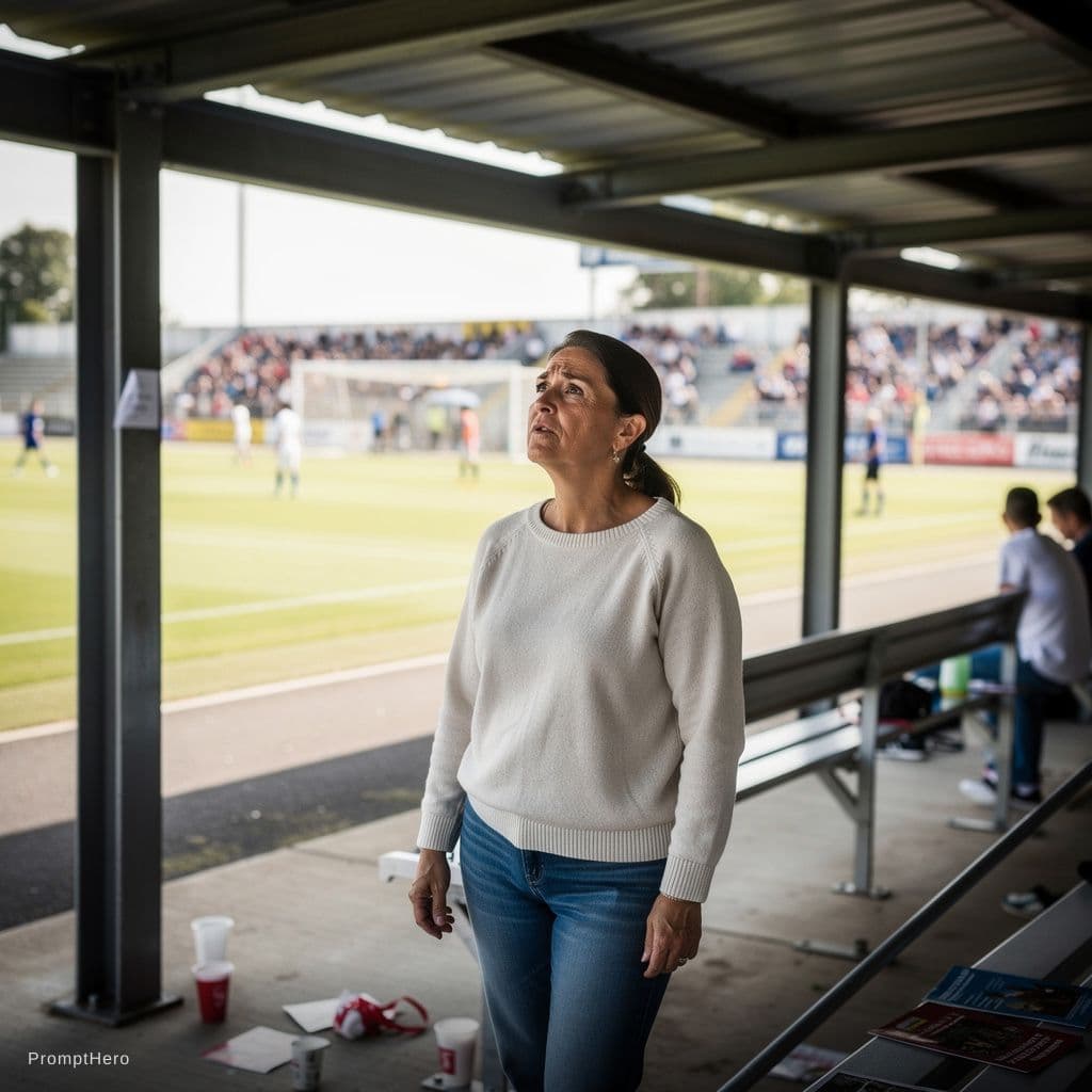 AI generated: a middle aged mom, under the grandstands during her sons soccer game, jeans pulled down to knees, 