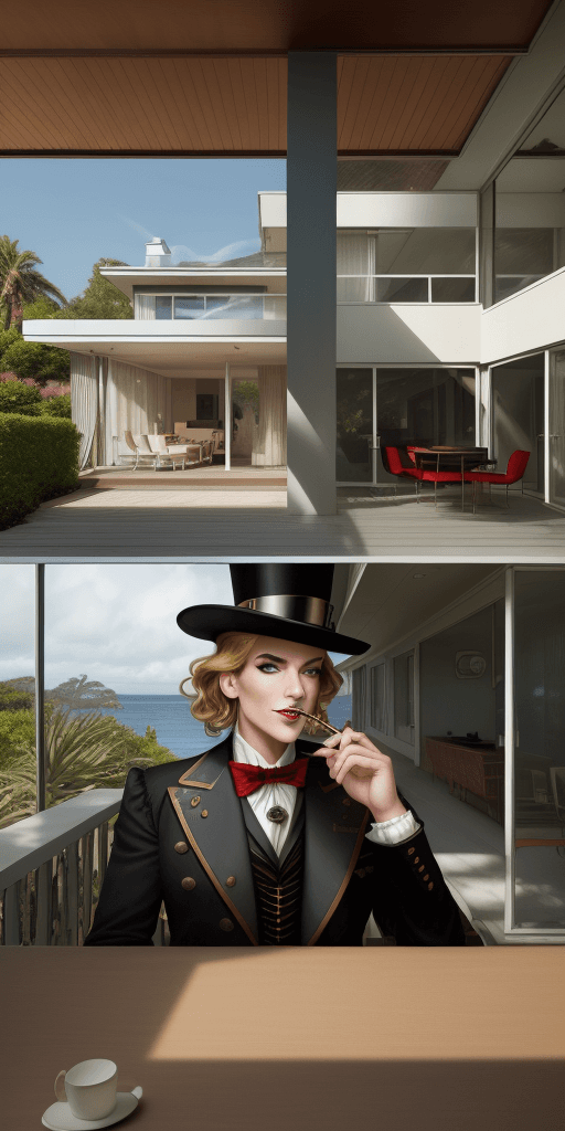 AI generated: Hyper realistic eye level exterior photo of a mid century modern style house overlooking the ocean, ...