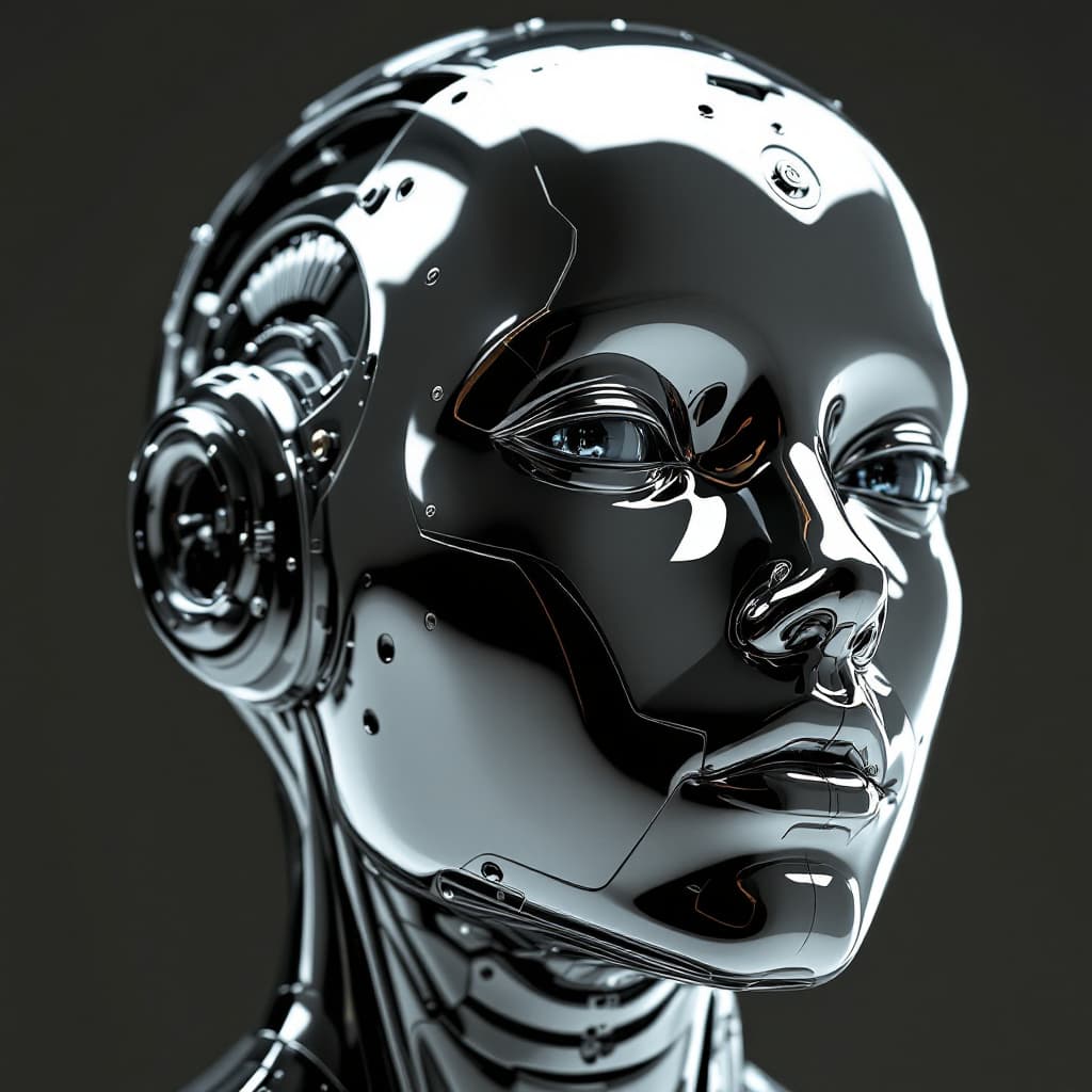 AI generated: A perfectly balanced and symmetric humanoid face crafted entirely from highly reflective, polished m...