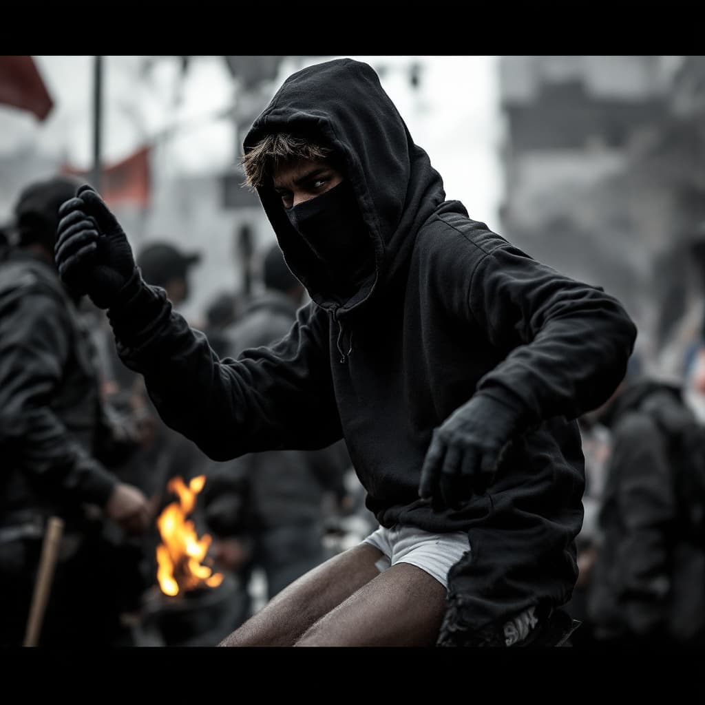AI generated: High resolution photography of a boy, who is a black block is at a demonstration with his face cover...
