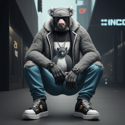 AI generated: king of koalas, fashion casual ape, sneakers, sunglasses, jeans pants, futuristic background, full f...