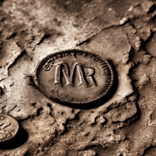 AI generated: Ultra close-up macro photograph of an old, weathered coin found in the dirt while metal detecting, h...