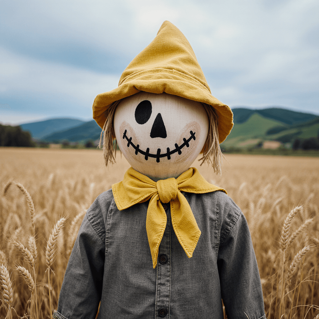 AI generated: Front view of the scarecrow, the scarecrow is wearing shabby grey clothes, with its head wrapped in ...