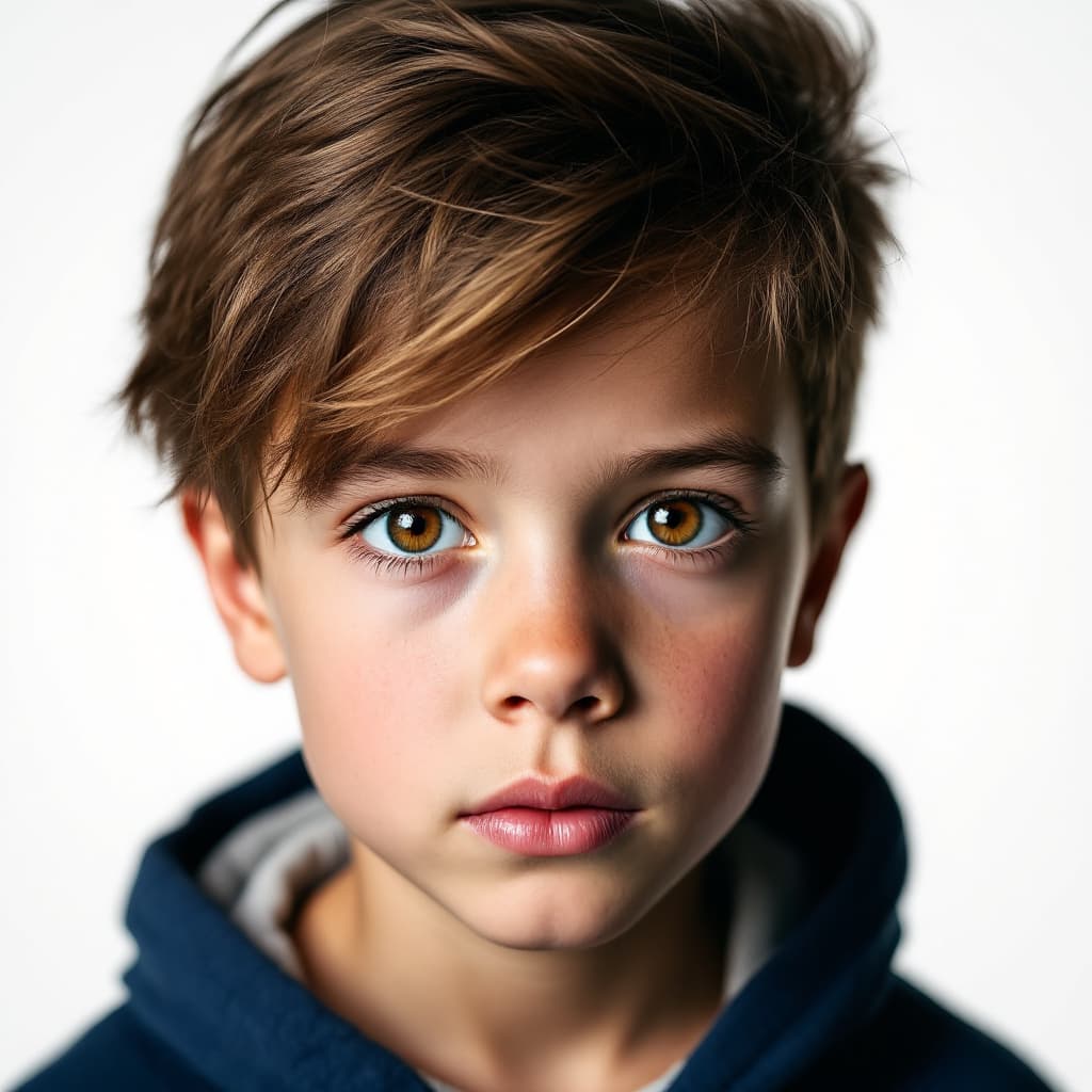 AI generated: photography, front shot, face close-up, 4years old boy model, gaze, background is solid white, captu...