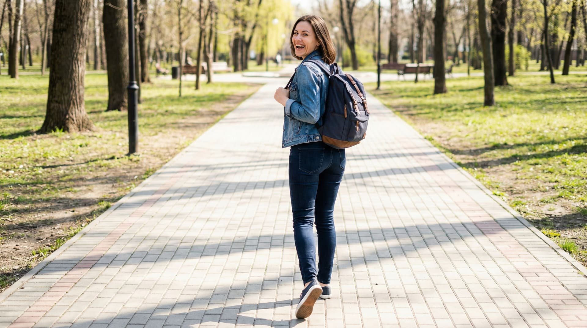 AI generated: 
Have her walking away looking back smiling, camera following her at low angle full body shot