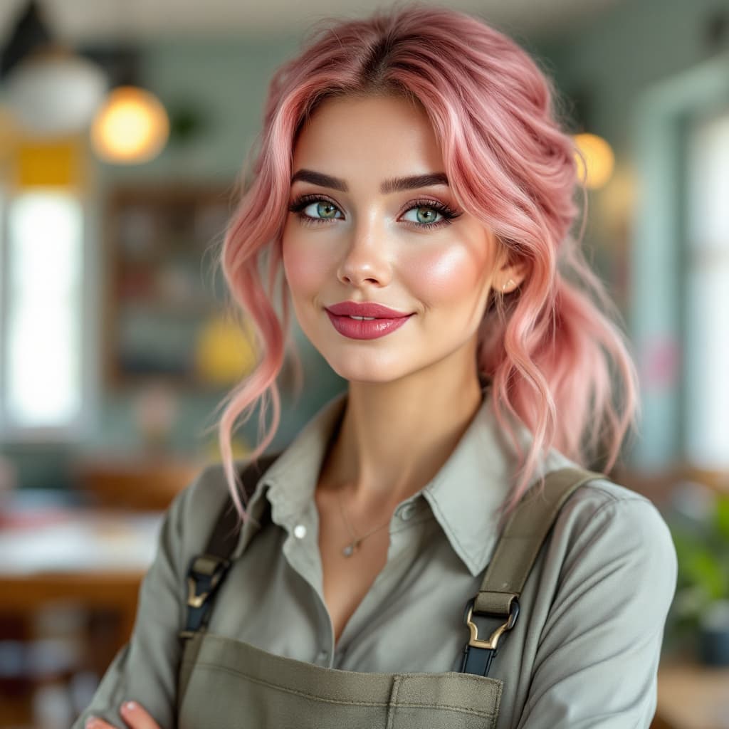 AI generated:  female.teacher, pink hair, perfect eyes, light makeup, gorgeous detailed teacher lipstick school ba...