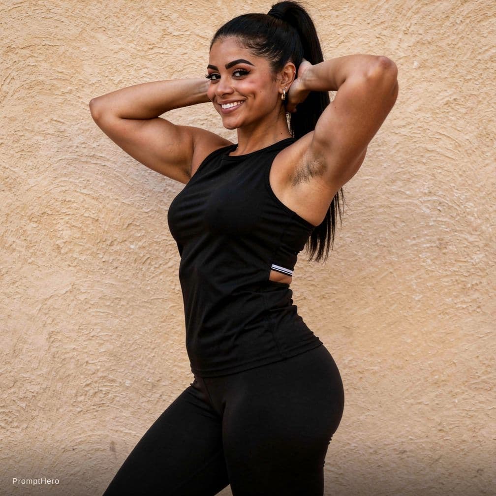 AI generated: a latina women,1girl,beautiful charismatic girl,((standing, arms behind head)).thick eyebrows, dark ...