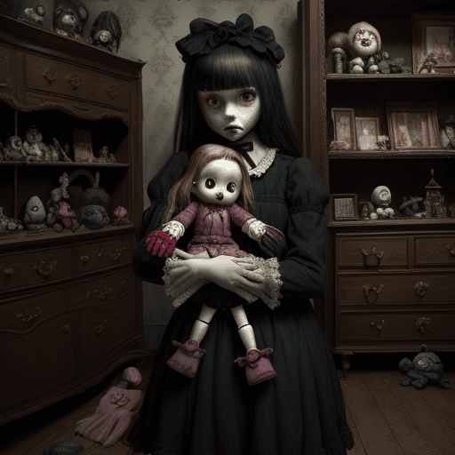 AI generated: monster protectively holding a little girl clutching a tattered doll, horror movie, sinister, antiqu...