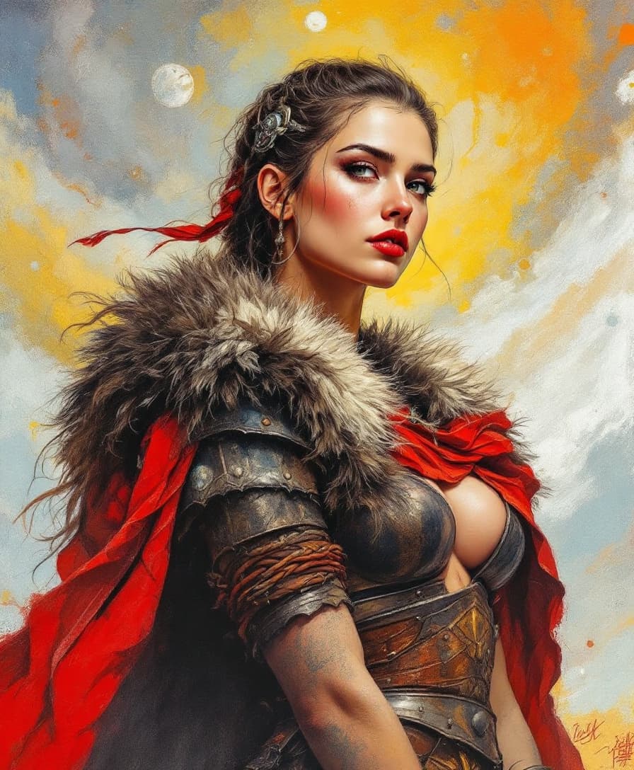 AI generated: Portrait of a brave female Viking warrior, shoulders open, armed, Art Nouveau, Neo-Impressionism, ch...