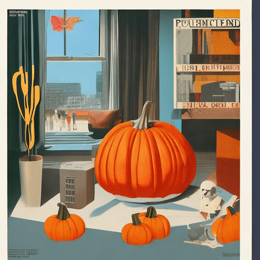 AI generated: pumpkin, bright sunny day, AD magazine, Frank Lloyd, Eames, Mies van der Rohe