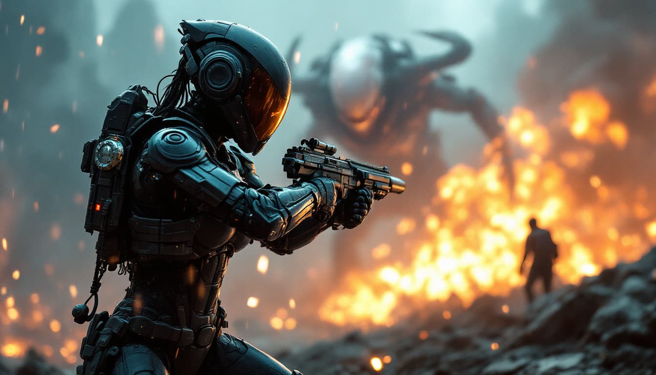 AI generated: A futuristic female soldier fighting wearing sci-fi battle armor in an alien warzone bright backgrou...