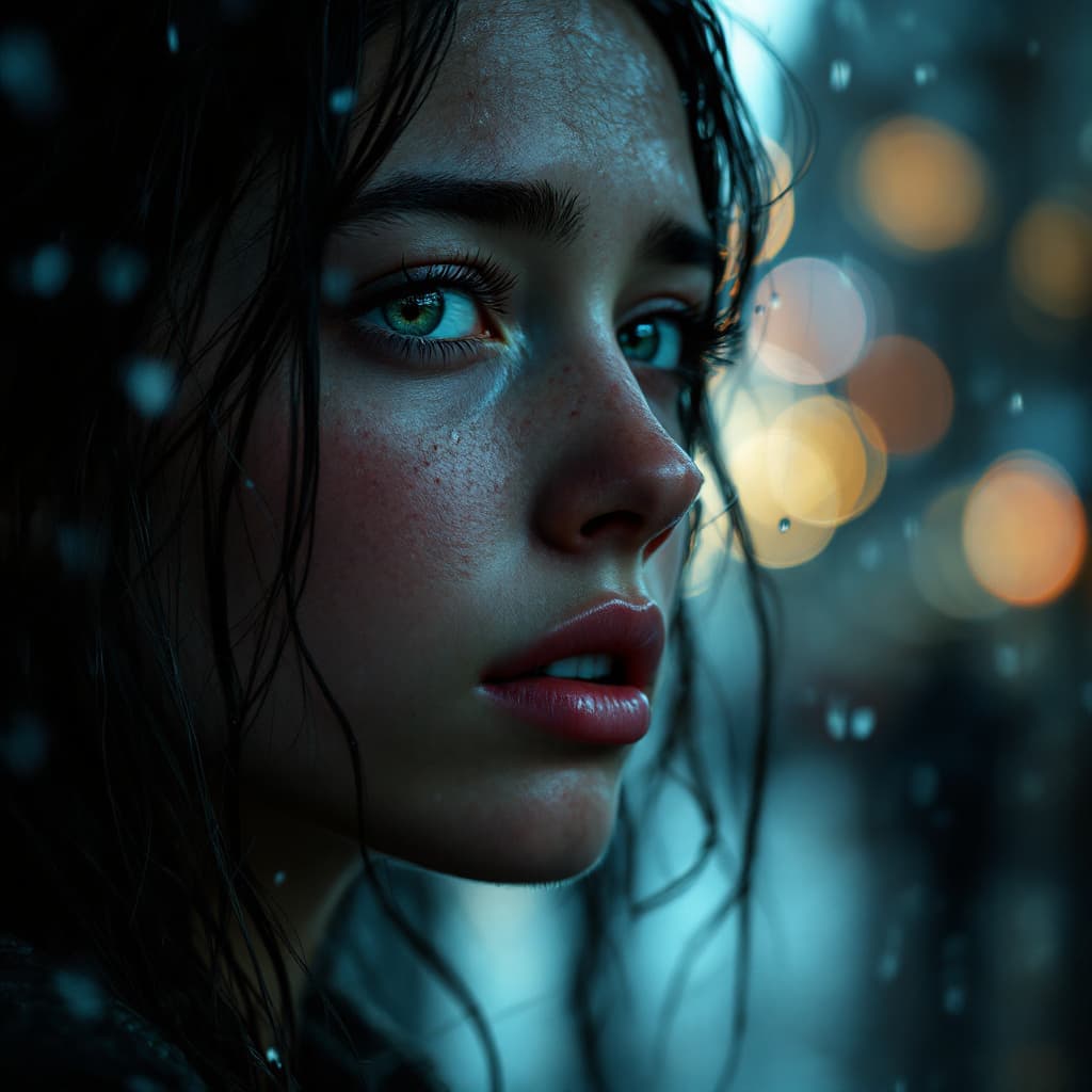 AI generated: a close-up portrait of a young person with expressive eyes, subtle tears, and a soft, melancholic ex...