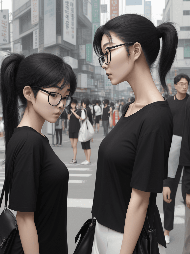 AI generated: photography, side view, upper-body, portray an innocent professional korean woman model standing aga...
