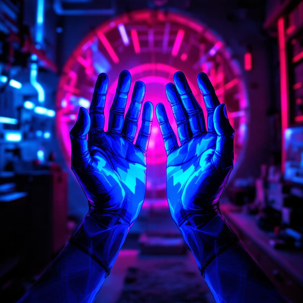 AI generated: 2 blue hands, anime, cyberpunk, style on black bacground,