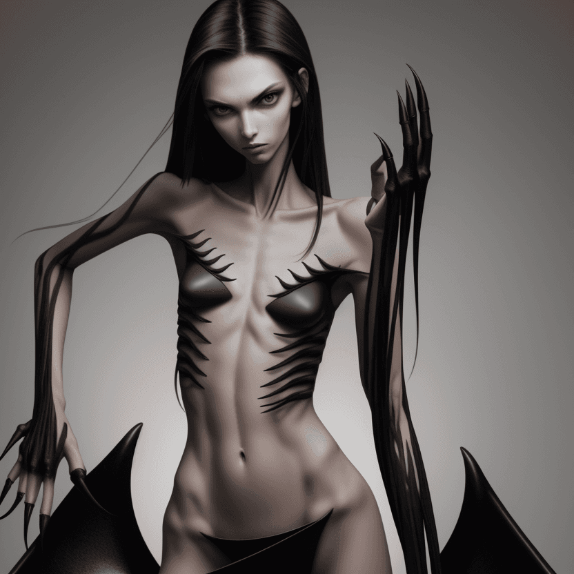 AI generated: photo of face an extremely skinny, flat-chested models with long black curved fingernails, claws,