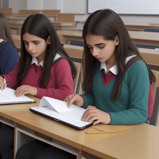 AI generated: estudiantes enseñando a profesores, aula, pizarron virtual, tablet, olograma de alumno