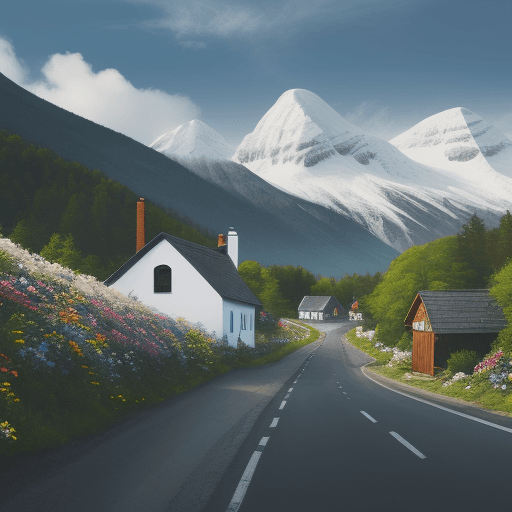 AI generated: Road, 

white cottage, 

mountain, 

flowers