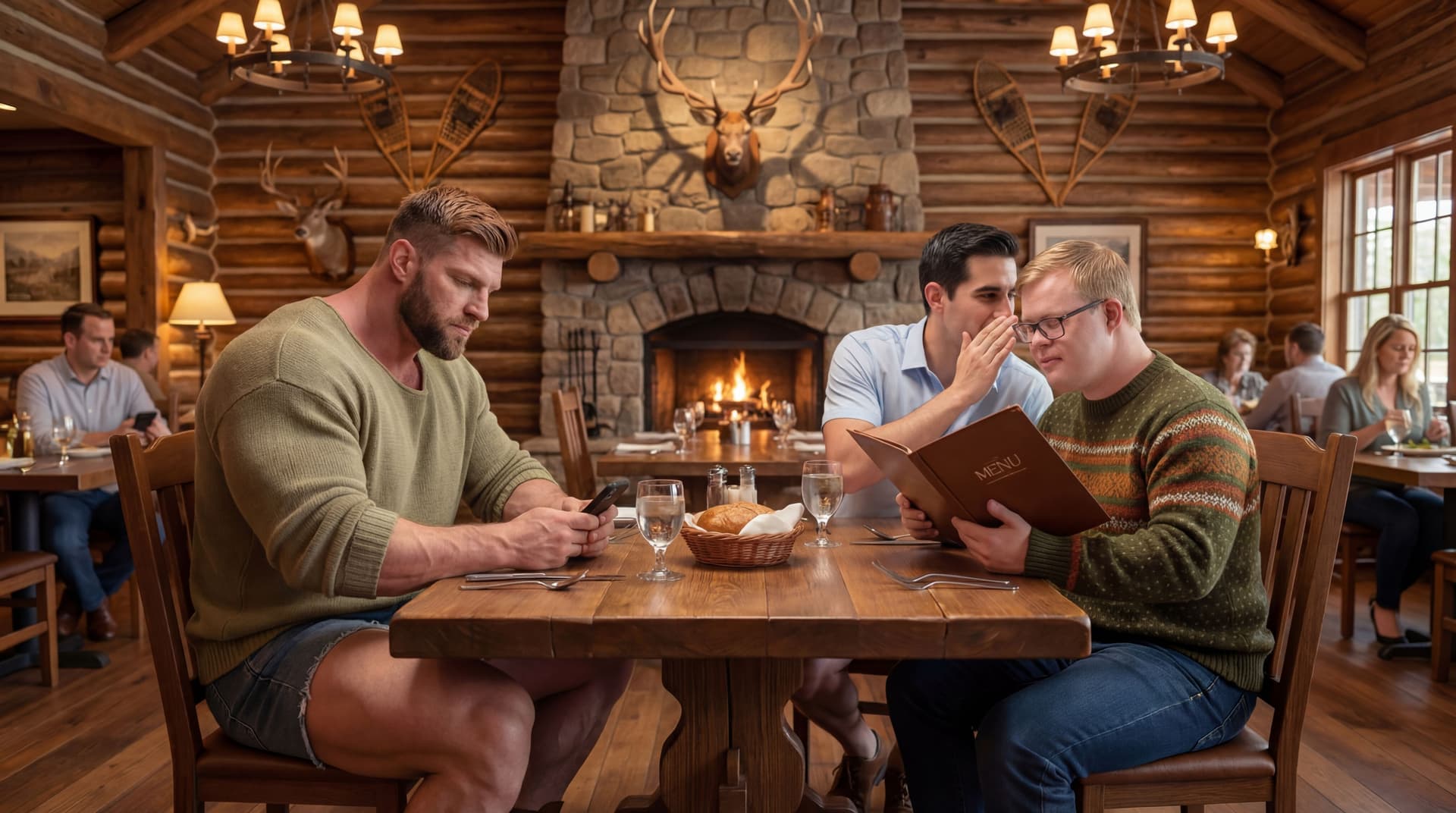 AI generated: The Hispanic male in the blue shirt is listening attentively to the male in the glasses next to him....