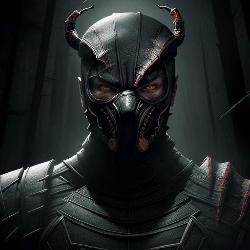 AI generated: Mortal Kombat Scorpion, white eyes, classic mask, movie 1995, comes out of the forest in the fog, at...