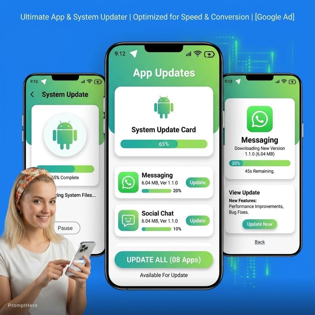AI generated: “Design a software updater app dashboard UI in a mobile mockup, using modern minimal style, with upd...