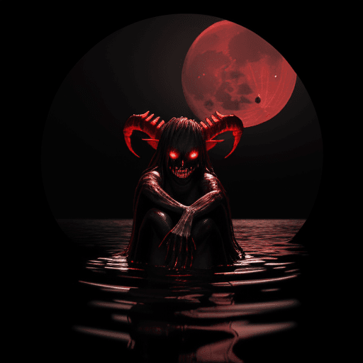 AI generated: dark scary image of a demon sitting in water with bright red full moon hanging in the sky, in the st...