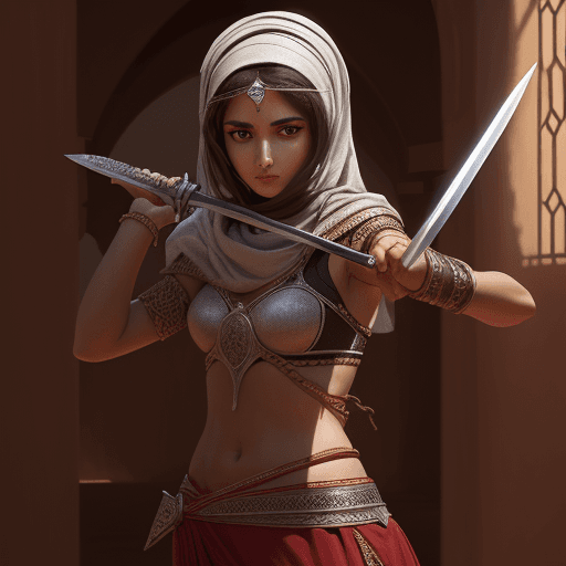 AI generated: the Moroccan girl brandishes a sword in the background, --ar 1:2 --stylize 750 -- v 6
