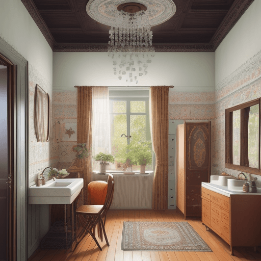 AI generated: High resolution photography interior design, retro bedroom, brown wooden floor, small windows openin...