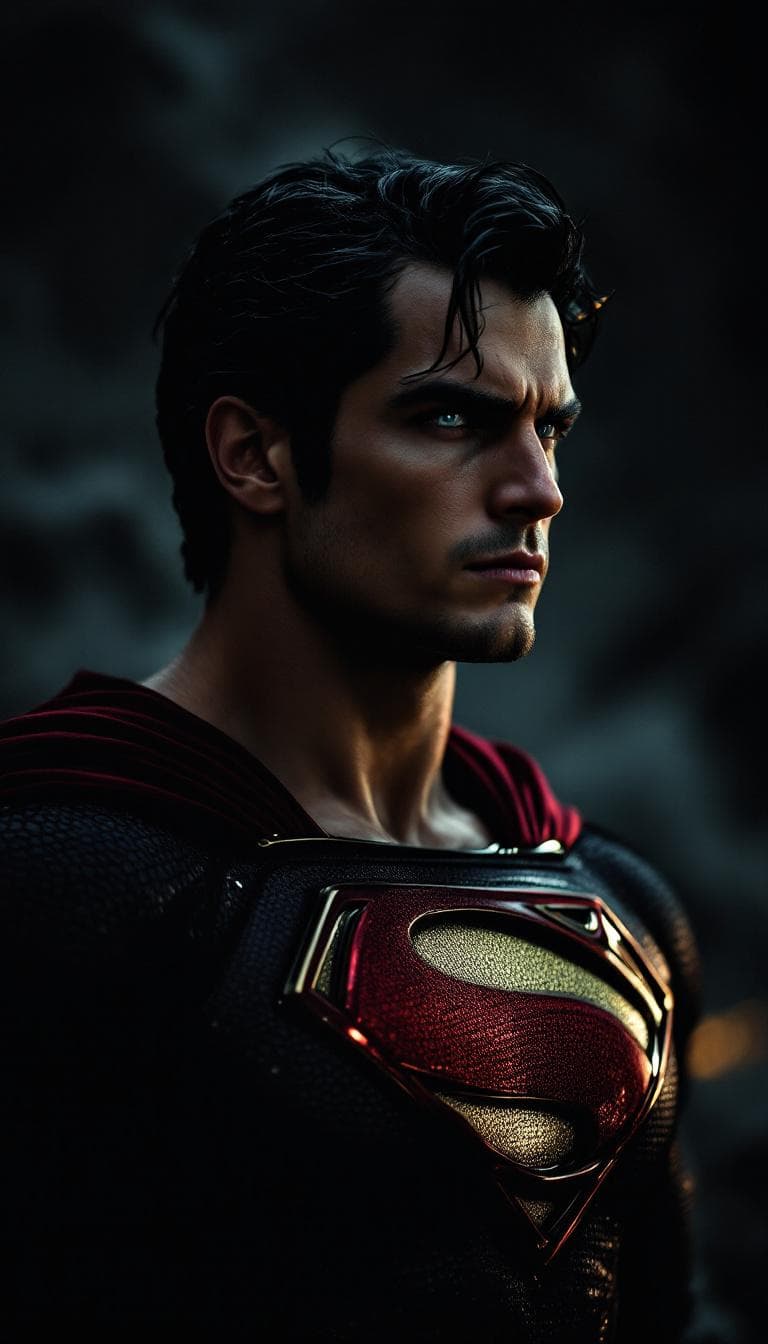 AI generated: Dj Pedro Amorim as superman ,in a black, dark red and gold suit whole body, cinematic, intense, cine...