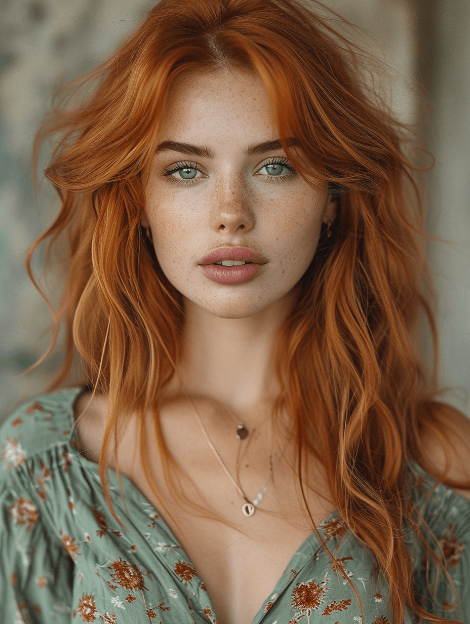 AI generated: a young woman with long red hair in blouse, in the style of light emerald and dark beige, pop inspo,...