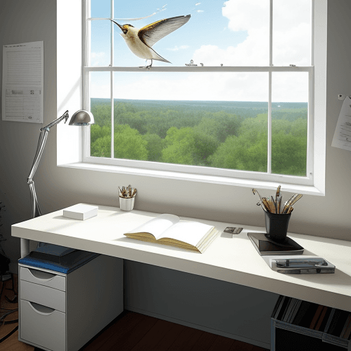 AI generated: 

realistic picture|beautiful heartwarming white desk|window to a beautiful view near the desk|tiny ...